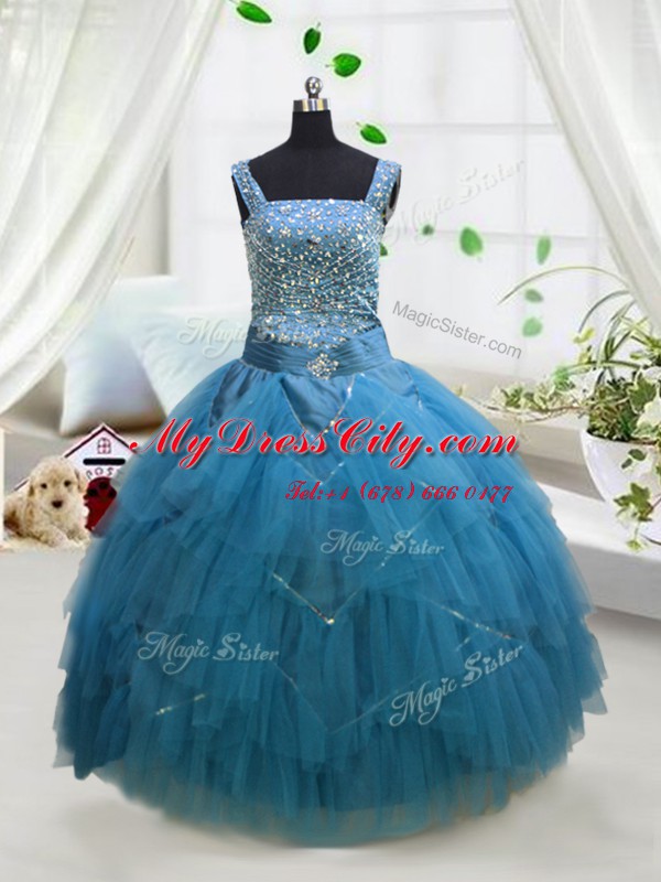 Aqua Blue Pageant Dress for Teens Party and Wedding Party and For with Beading and Ruffles Straps Sleeveless Lace Up