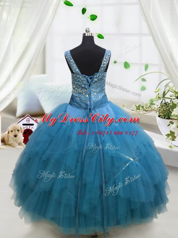 Aqua Blue Pageant Dress for Teens Party and Wedding Party and For with Beading and Ruffles Straps Sleeveless Lace Up