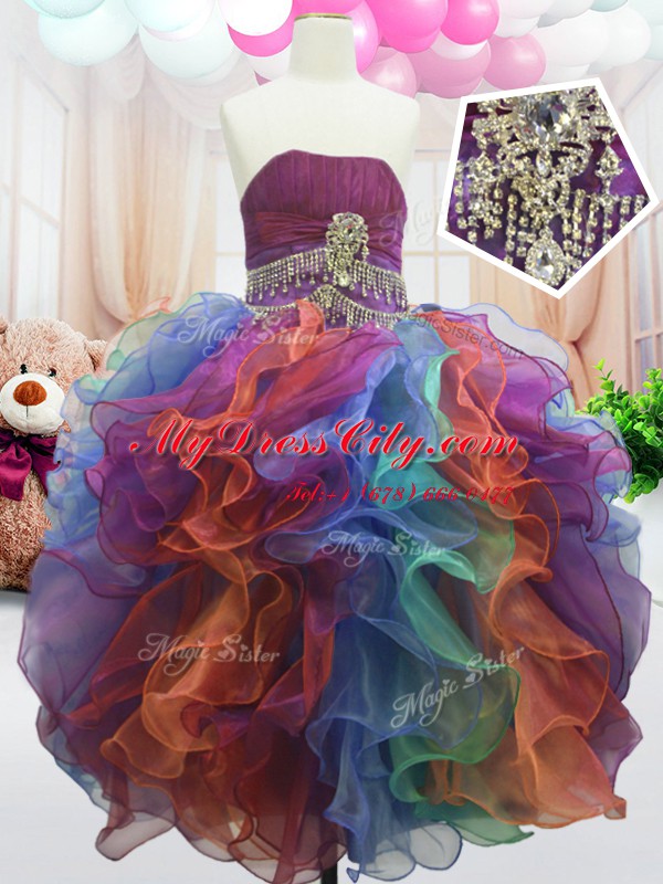 Strapless Sleeveless Party Dresses Floor Length Beading and Ruffles Multi-color Organza