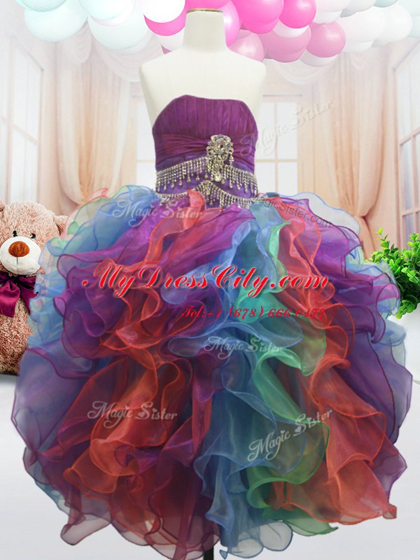 Strapless Sleeveless Party Dresses Floor Length Beading and Ruffles Multi-color Organza