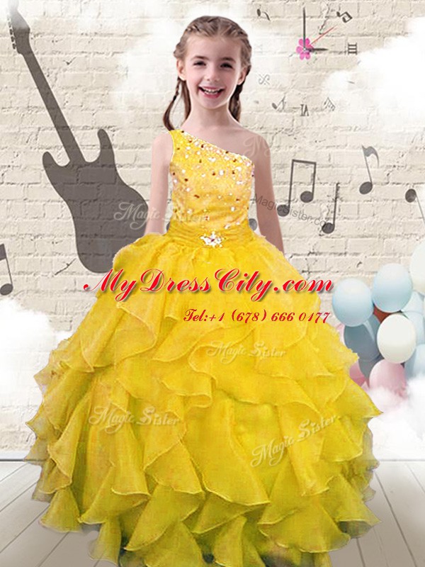 Eye-catching One Shoulder Floor Length Lace Up Pageant Gowns For Girls Yellow for Party and Wedding Party with Beading and Ruffles