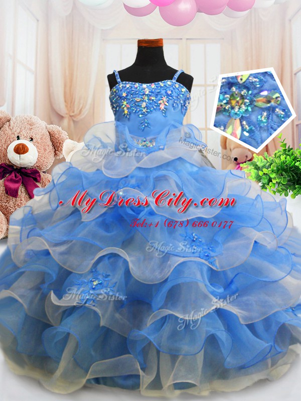 Customized Floor Length Zipper Party Dresses Blue for Party and Wedding Party with Beading and Ruffled Layers