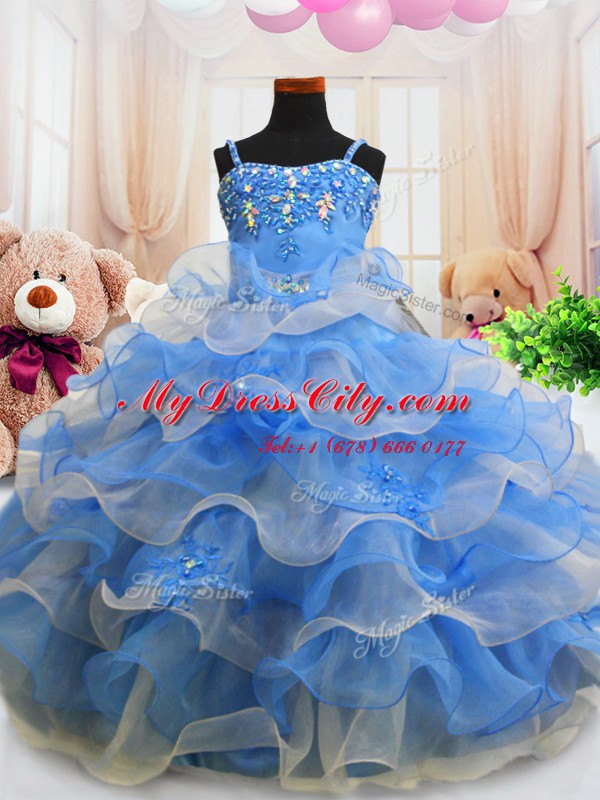 Customized Floor Length Zipper Party Dresses Blue for Party and Wedding Party with Beading and Ruffled Layers