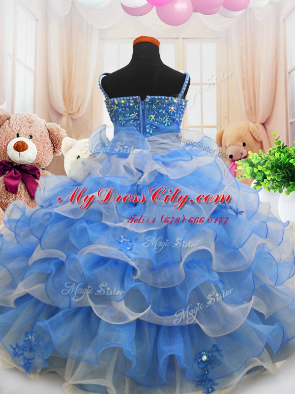 Customized Floor Length Zipper Party Dresses Blue for Party and Wedding Party with Beading and Ruffled Layers