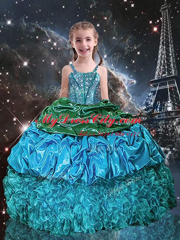 Aqua Blue Ball Gowns Organza Spaghetti Straps Sleeveless Beading and Ruffles and Pick Ups Floor Length Lace Up Little Girl Pageant Dress