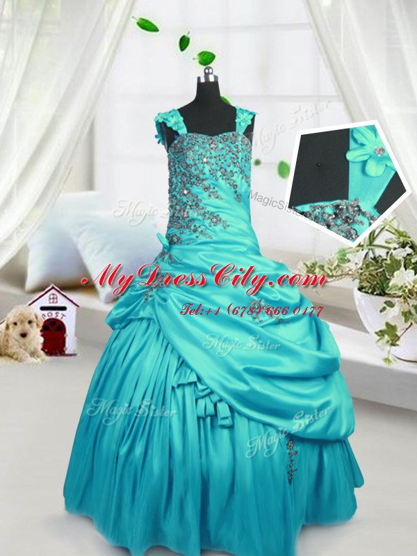 Custom Made Turquoise Lace Up Teens Party Dress Beading and Pick Ups Sleeveless Floor Length