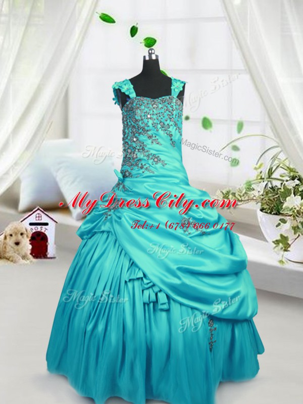 Custom Made Turquoise Lace Up Teens Party Dress Beading and Pick Ups Sleeveless Floor Length