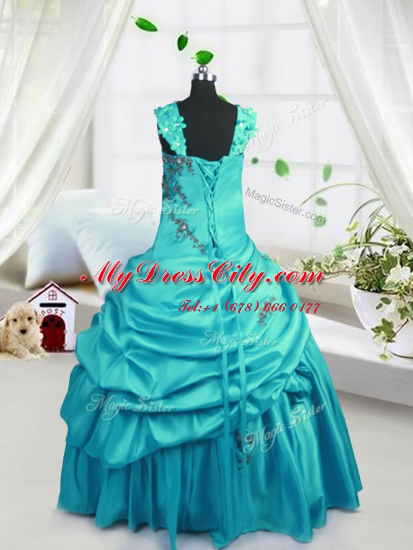 Custom Made Turquoise Lace Up Teens Party Dress Beading and Pick Ups Sleeveless Floor Length