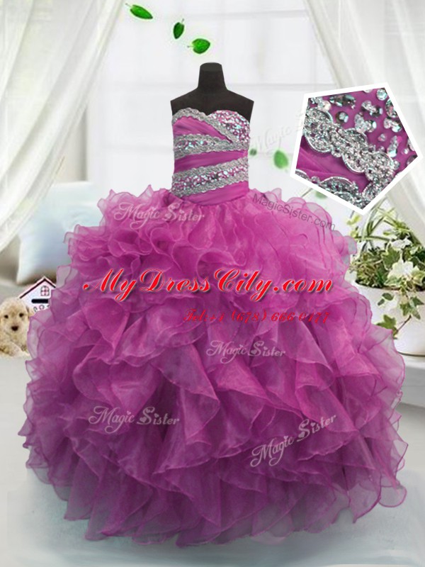 Sleeveless Lace Up Floor Length Beading and Ruffles Child Pageant Dress