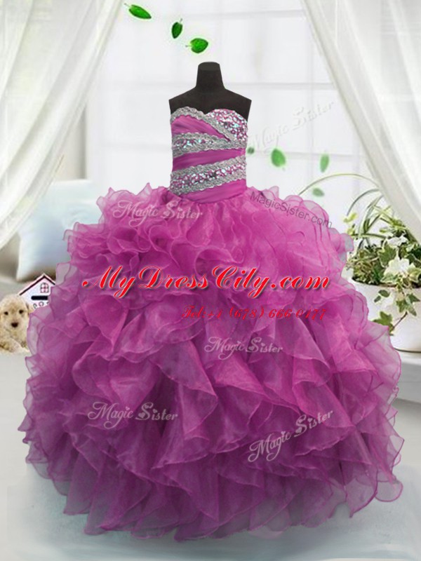 Sleeveless Lace Up Floor Length Beading and Ruffles Child Pageant Dress