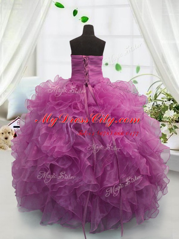 Sleeveless Lace Up Floor Length Beading and Ruffles Child Pageant Dress