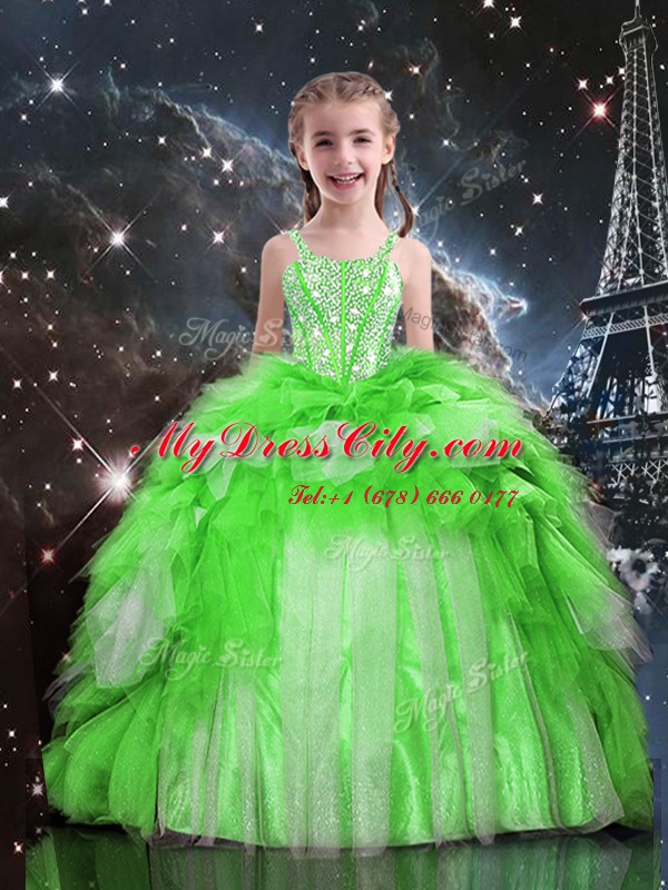 Inexpensive Spaghetti Straps Sleeveless Little Girls Pageant Dress Wholesale Floor Length Beading and Ruffles Organza