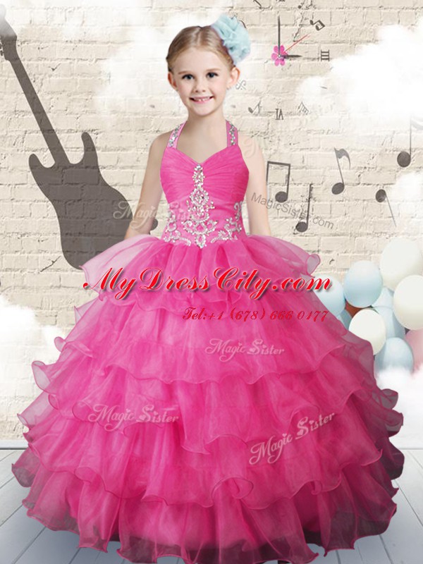 Ruffled Ball Gowns Child Pageant Dress Hot Pink Halter Top Organza Sleeveless Floor Length Lace Up