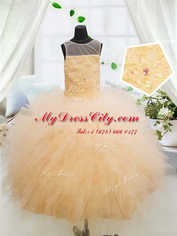 Exquisite Scoop Orange Sleeveless Beading and Appliques Floor Length Girls Pageant Dresses