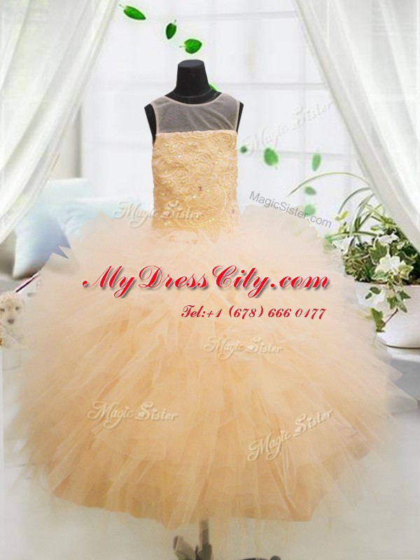 Exquisite Scoop Orange Sleeveless Beading and Appliques Floor Length Girls Pageant Dresses