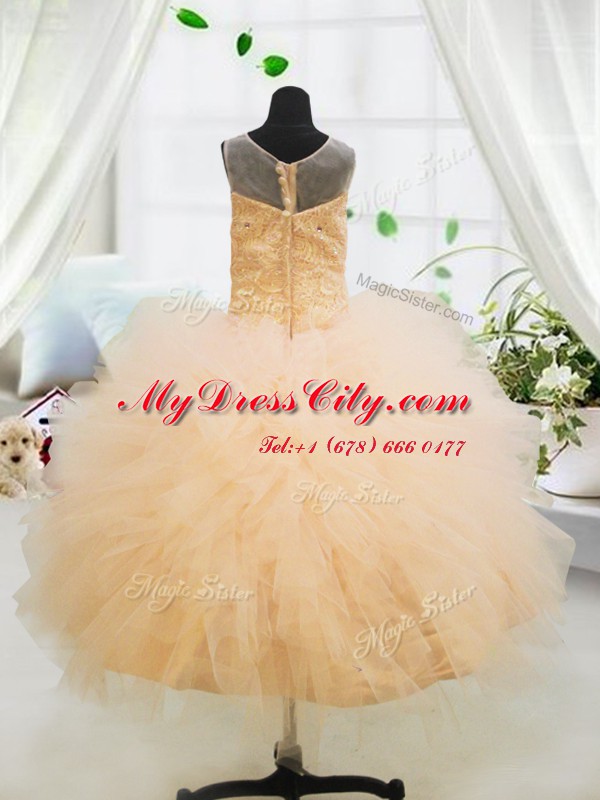 Exquisite Scoop Orange Sleeveless Beading and Appliques Floor Length Girls Pageant Dresses