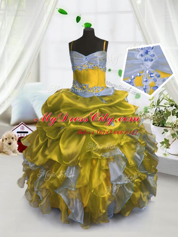 Pick Ups Ball Gowns Casual Dresses Gold Spaghetti Straps Organza Sleeveless Floor Length Lace Up