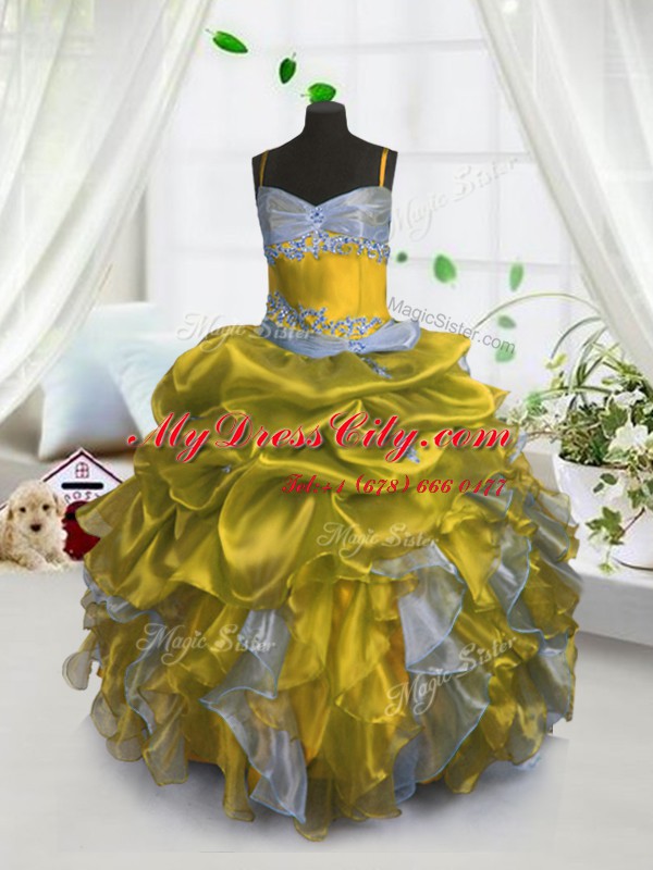 Pick Ups Ball Gowns Casual Dresses Gold Spaghetti Straps Organza Sleeveless Floor Length Lace Up