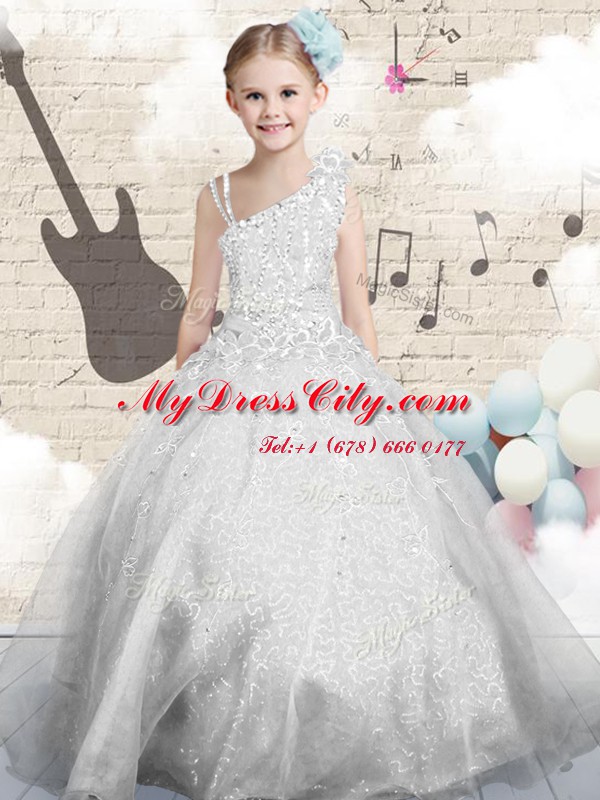 Silver Asymmetric Lace Up Beading and Appliques and Hand Made Flower Little Girls Pageant Dress Wholesale Sleeveless