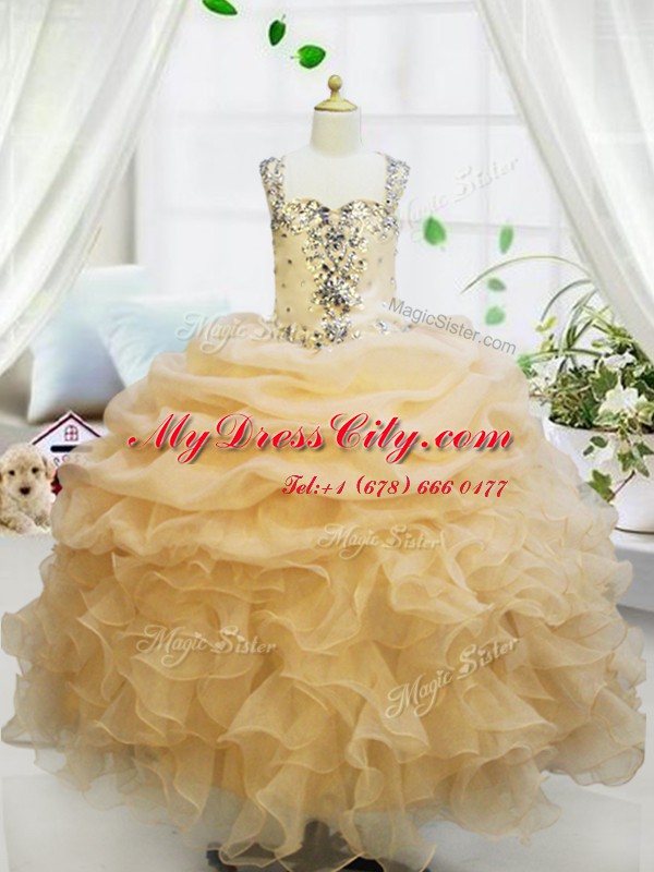 Champagne Straps Neckline Beading and Ruffles and Pick Ups Pageant Dresses Sleeveless Zipper