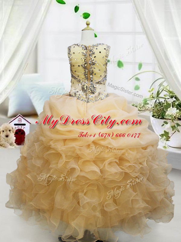 Champagne Straps Neckline Beading and Ruffles and Pick Ups Pageant Dresses Sleeveless Zipper