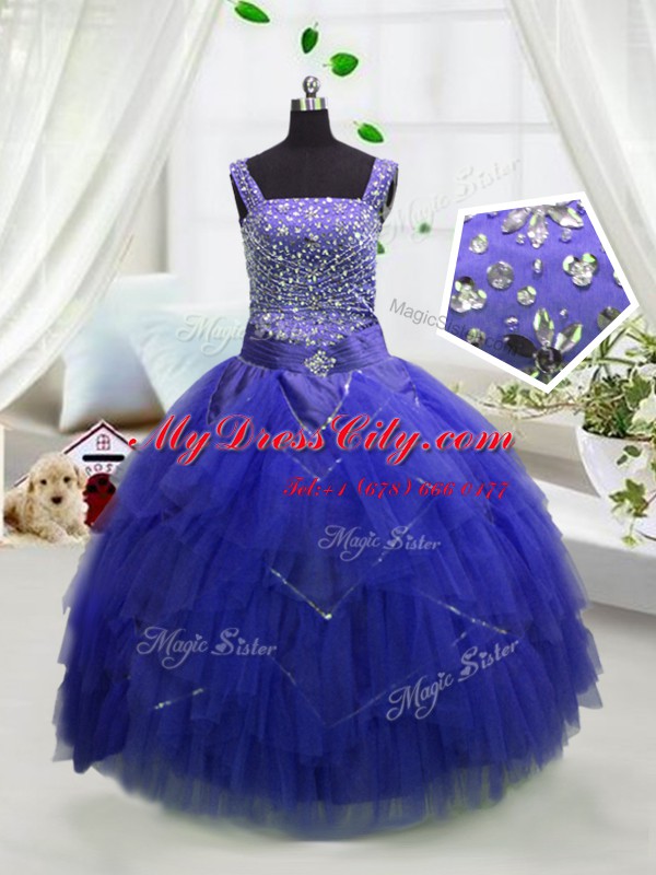 Royal Blue Lace Up Pageant Dress for Teens Beading and Ruffles Sleeveless Floor Length