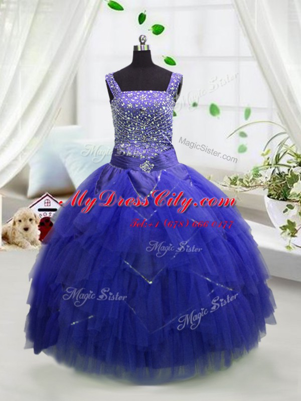 Royal Blue Lace Up Pageant Dress for Teens Beading and Ruffles Sleeveless Floor Length