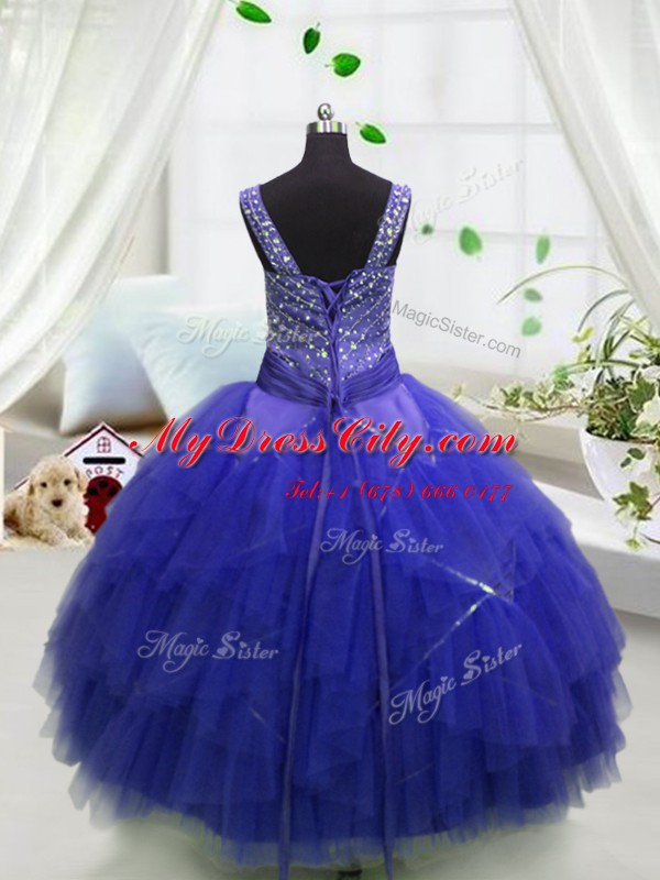 Royal Blue Lace Up Pageant Dress for Teens Beading and Ruffles Sleeveless Floor Length