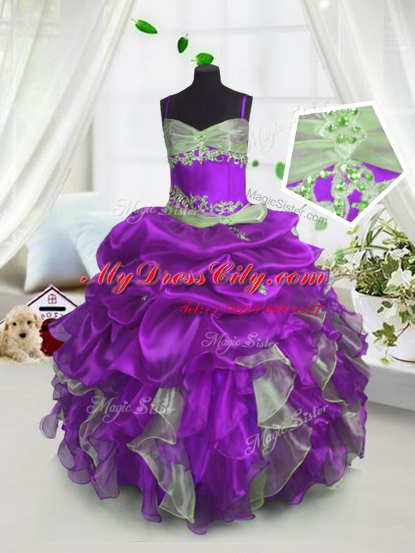 Lavender Ball Gowns Spaghetti Straps Sleeveless Organza Floor Length Lace Up Beading and Ruffles and Pick Ups Little Girl Pageant Gowns