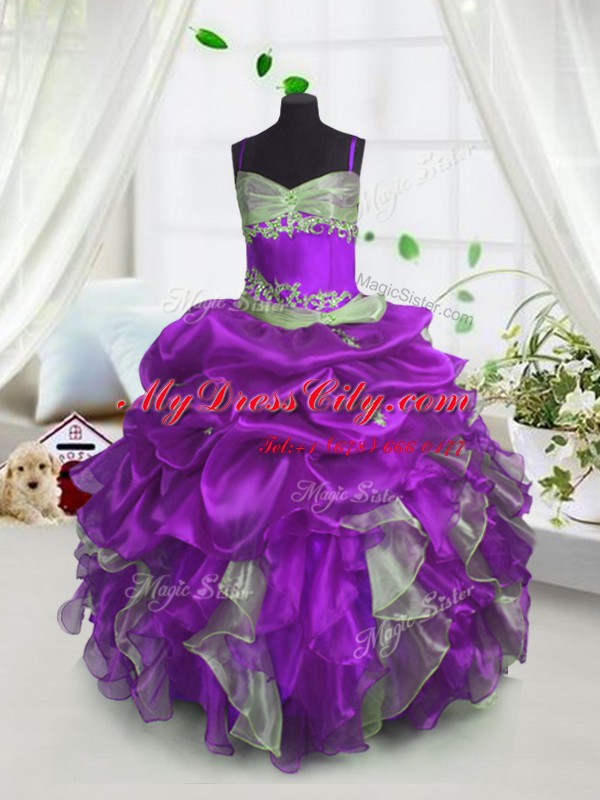 Lavender Ball Gowns Spaghetti Straps Sleeveless Organza Floor Length Lace Up Beading and Ruffles and Pick Ups Little Girl Pageant Gowns