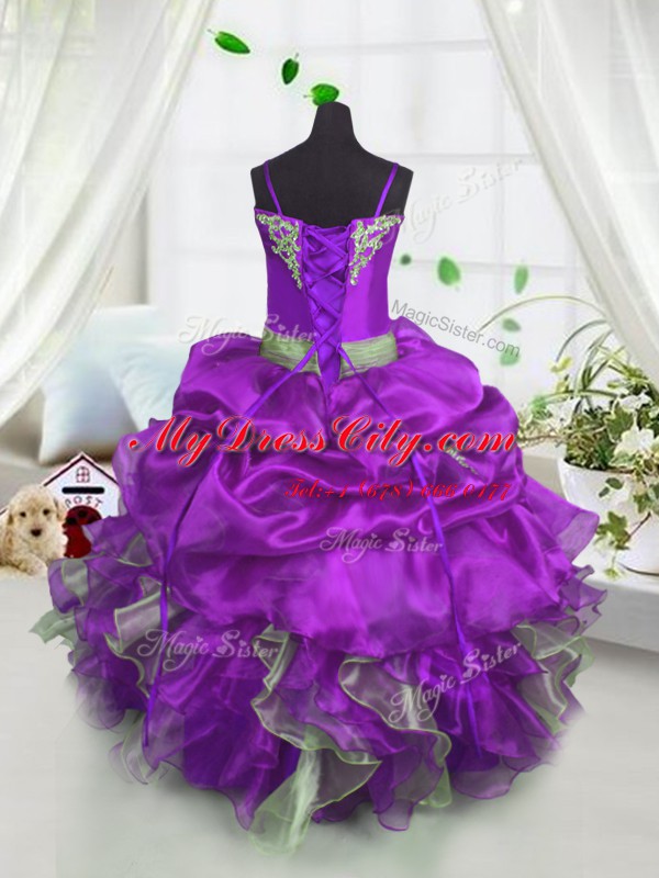 Lavender Ball Gowns Spaghetti Straps Sleeveless Organza Floor Length Lace Up Beading and Ruffles and Pick Ups Little Girl Pageant Gowns