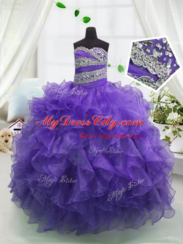 Custom Fit Eggplant Purple Lace Up Sweetheart Beading and Ruffles Party Dress Wholesale Organza Sleeveless