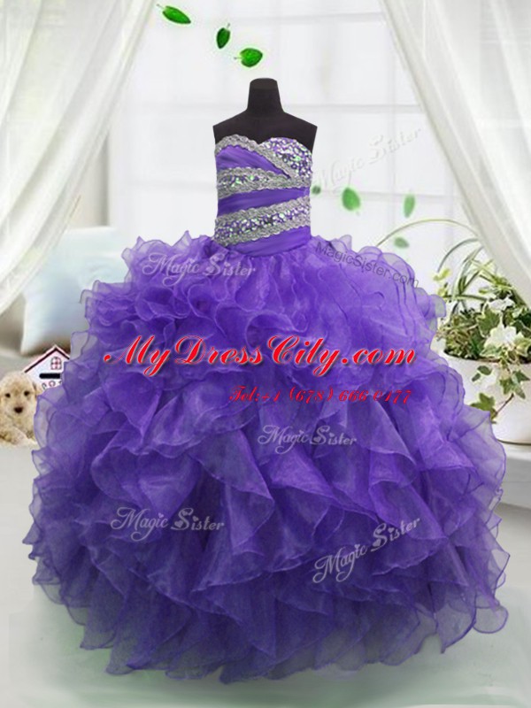 Custom Fit Eggplant Purple Lace Up Sweetheart Beading and Ruffles Party Dress Wholesale Organza Sleeveless