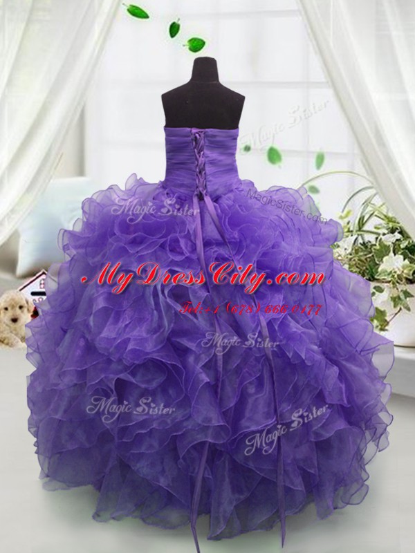 Custom Fit Eggplant Purple Lace Up Sweetheart Beading and Ruffles Party Dress Wholesale Organza Sleeveless