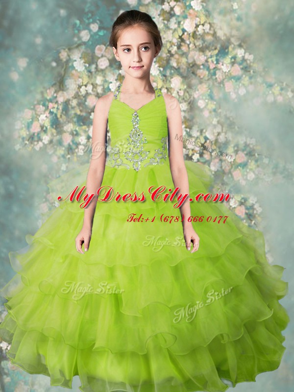 High Quality Yellow Green Zipper Halter Top Beading and Ruffled Layers Casual Dresses Organza Sleeveless