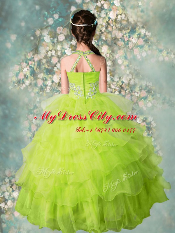 High Quality Yellow Green Zipper Halter Top Beading and Ruffled Layers Casual Dresses Organza Sleeveless