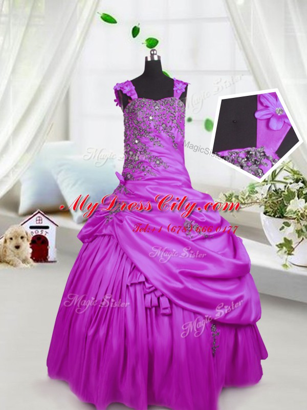 High End Satin Straps Sleeveless Lace Up Beading and Pick Ups Girls Pageant Dresses in Fuchsia