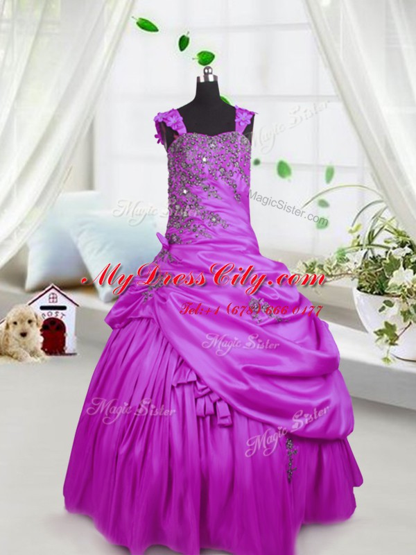 High End Satin Straps Sleeveless Lace Up Beading and Pick Ups Girls Pageant Dresses in Fuchsia