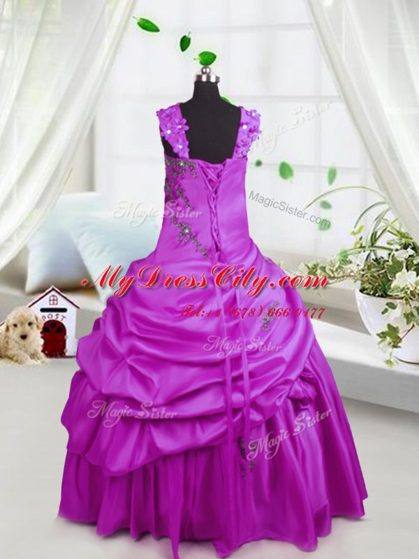 High End Satin Straps Sleeveless Lace Up Beading and Pick Ups Girls Pageant Dresses in Fuchsia