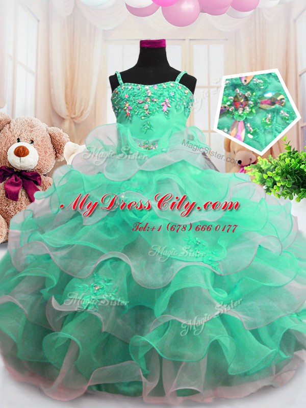 Spaghetti Straps Sleeveless Child Pageant Dress Floor Length Beading and Ruffled Layers Green Organza