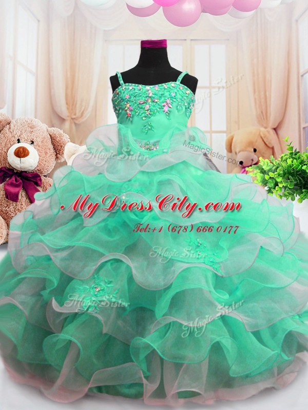 Spaghetti Straps Sleeveless Child Pageant Dress Floor Length Beading and Ruffled Layers Green Organza