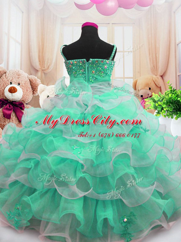 Spaghetti Straps Sleeveless Child Pageant Dress Floor Length Beading and Ruffled Layers Green Organza