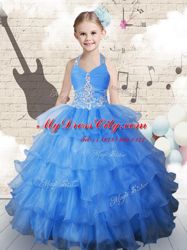 High Quality Halter Top Sleeveless Organza Floor Length Lace Up Custom Made in Light Blue with Beading and Ruffled Layers