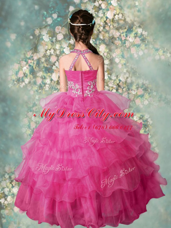 Ruffled Floor Length Rose Pink Pageant Dress for Teens Halter Top Sleeveless Zipper