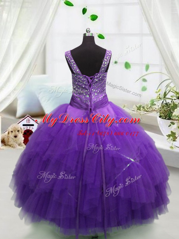 Low Price Floor Length Lavender High School Pageant Dress Straps Sleeveless Lace Up