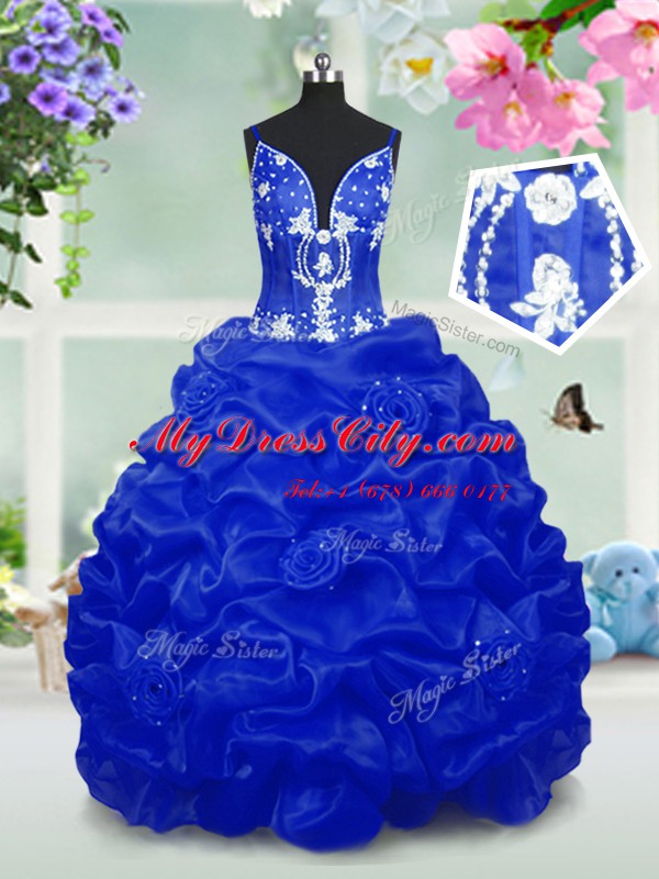 Royal Blue Ball Gowns V-neck Sleeveless Taffeta Floor Length Lace Up Beading and Pick Ups Kids Pageant Dress