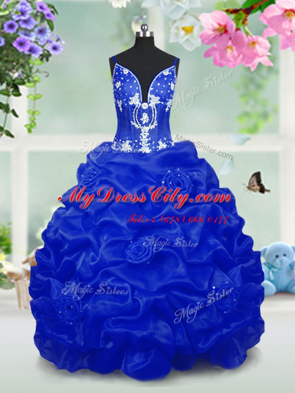 Royal Blue Ball Gowns V-neck Sleeveless Taffeta Floor Length Lace Up Beading and Pick Ups Kids Pageant Dress