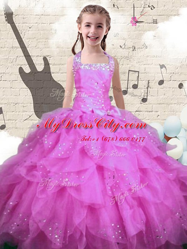 Halter Top Rose Pink Ball Gowns Beading and Ruffles Kids Pageant Dress Lace Up Organza Sleeveless Floor Length