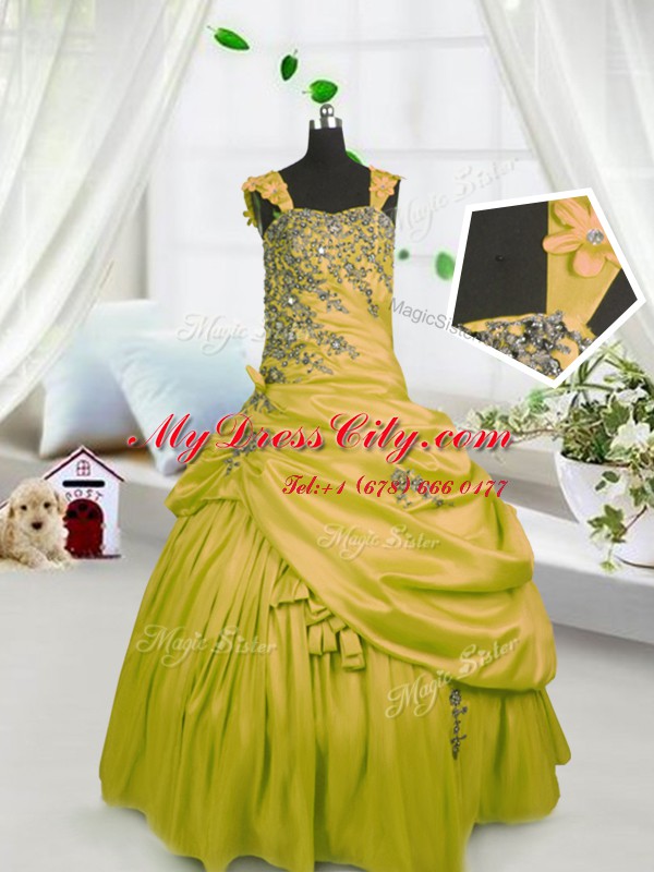 Gold Satin Lace Up Womens Party Dresses Sleeveless Floor Length Beading and Pick Ups