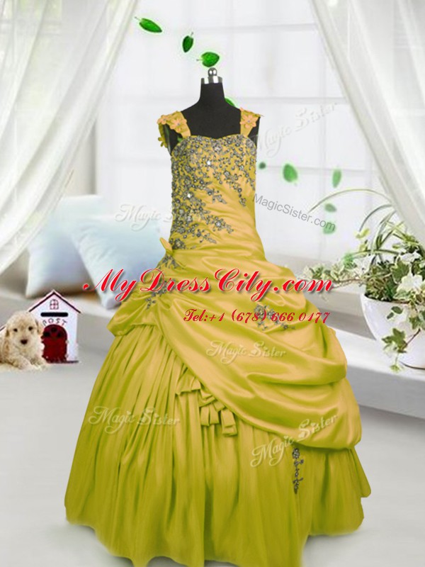 Gold Satin Lace Up Womens Party Dresses Sleeveless Floor Length Beading and Pick Ups